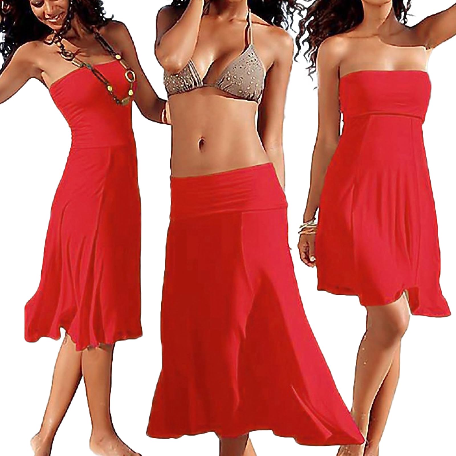 【送料無料】[RONGUI] ビーチドレス 水着の上に着る ワンピース ロング ショート スカート レディース 大きいサイズ 夏 (JP, アルファベット, S, レッド（赤）) 色：レッド、サイズ：S