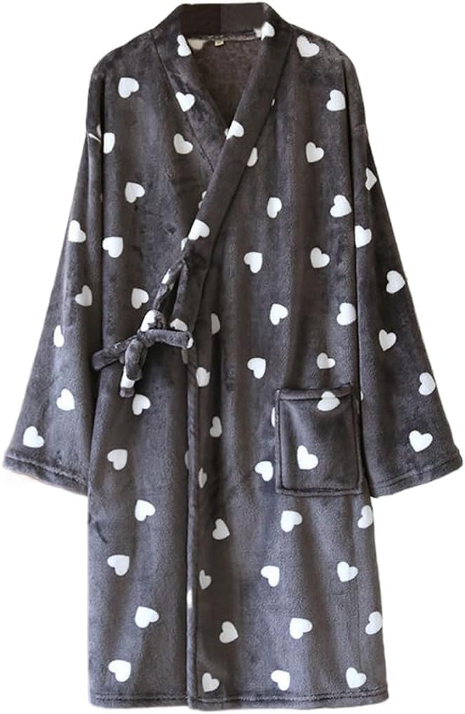 【送料無料】[Bobo & Hanhan] パジャマ バスローブ レディース ハート柄 吸水 お風呂上がり フランネル 優しい肌触り ロング ナイトガウン ルームウェア 着る毛布 寝巻き 着るブランケット ホテル 部屋着 春夏秋冬 色：チャコール、サイズ：M