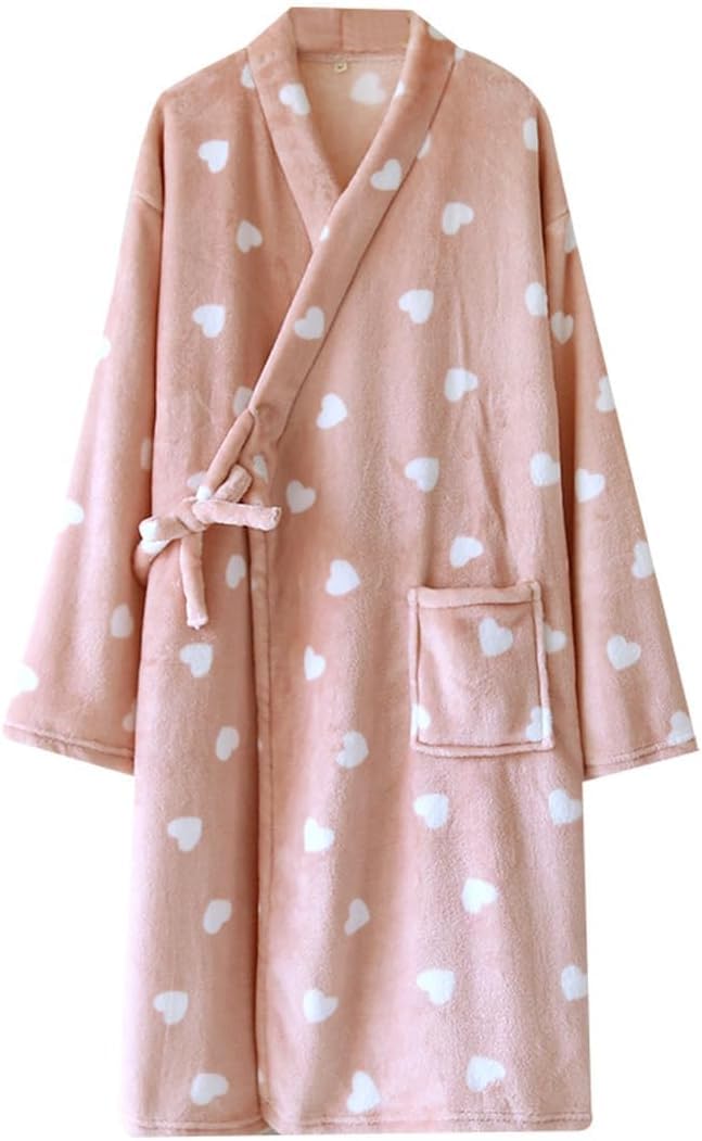 【送料無料】[Bobo & Hanhan] パジャマ バスローブ レディース ハート柄 吸水 お風呂上がり フランネル 優しい肌触り ロング ナイトガウン ルームウェア 着る毛布 寝巻き 着るブランケット ホテル 部屋着 春夏秋冬 色：ピンク、サイズ：L
