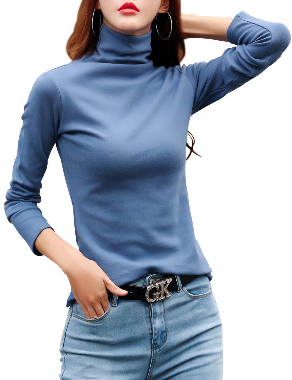 【送料無料】[Ptika] タートルネック カットソー 長袖 レディース ハイネック トップス ロング Tシャツ 色：ブルー、サイズ：XL