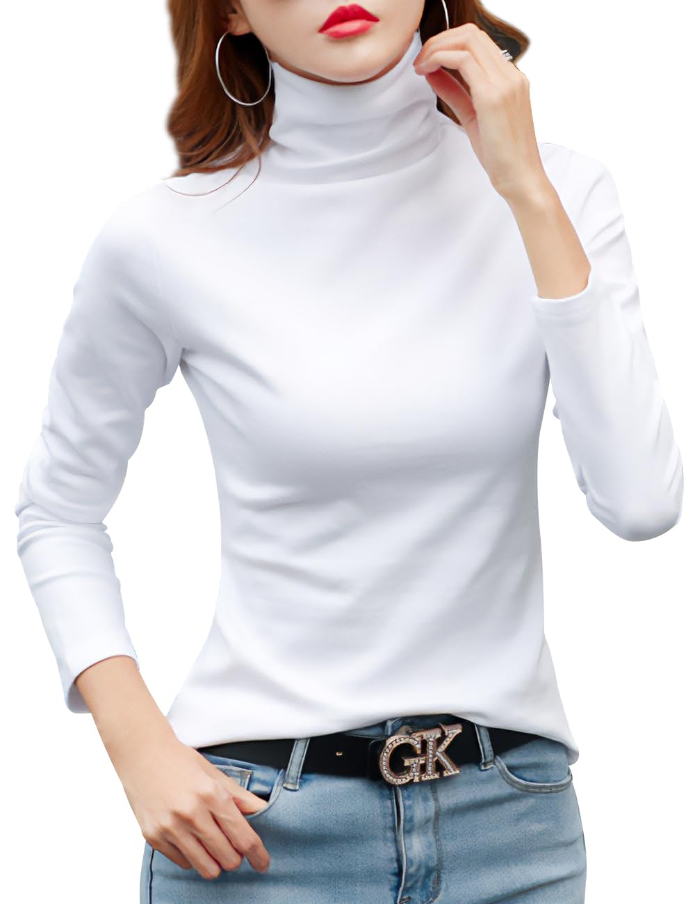 【送料無料】[Ptika] タートルネック カットソー 長袖 レディース ハイネック トップス ロング Tシャツ 色：ホワイト、サイズ：M