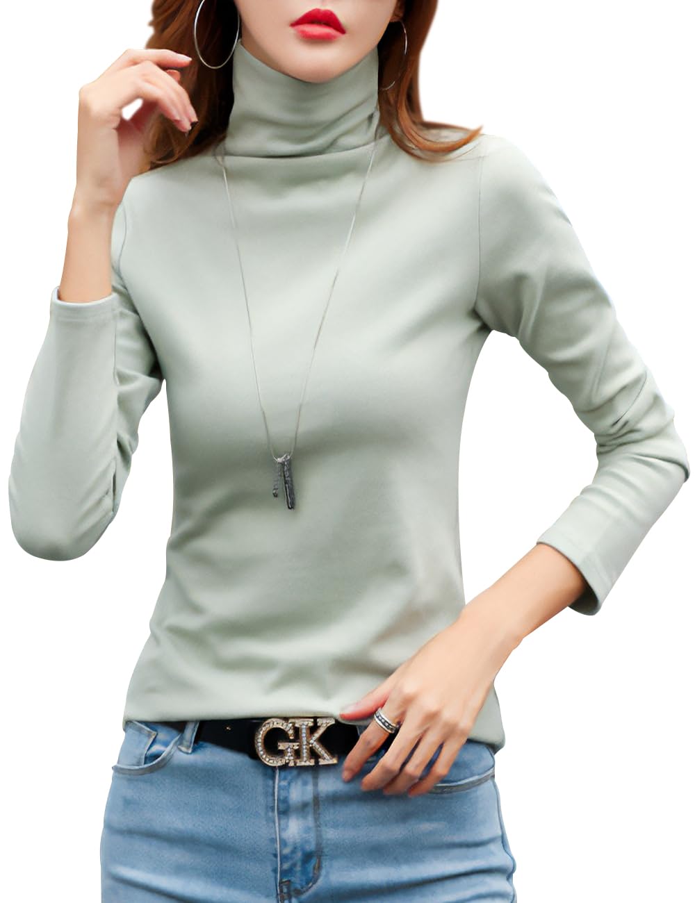 【送料無料】[Ptika] タートルネック カットソー 長袖 レディース ハイネック トップス ロング Tシャツ 色：グリーン、サイズ：XL