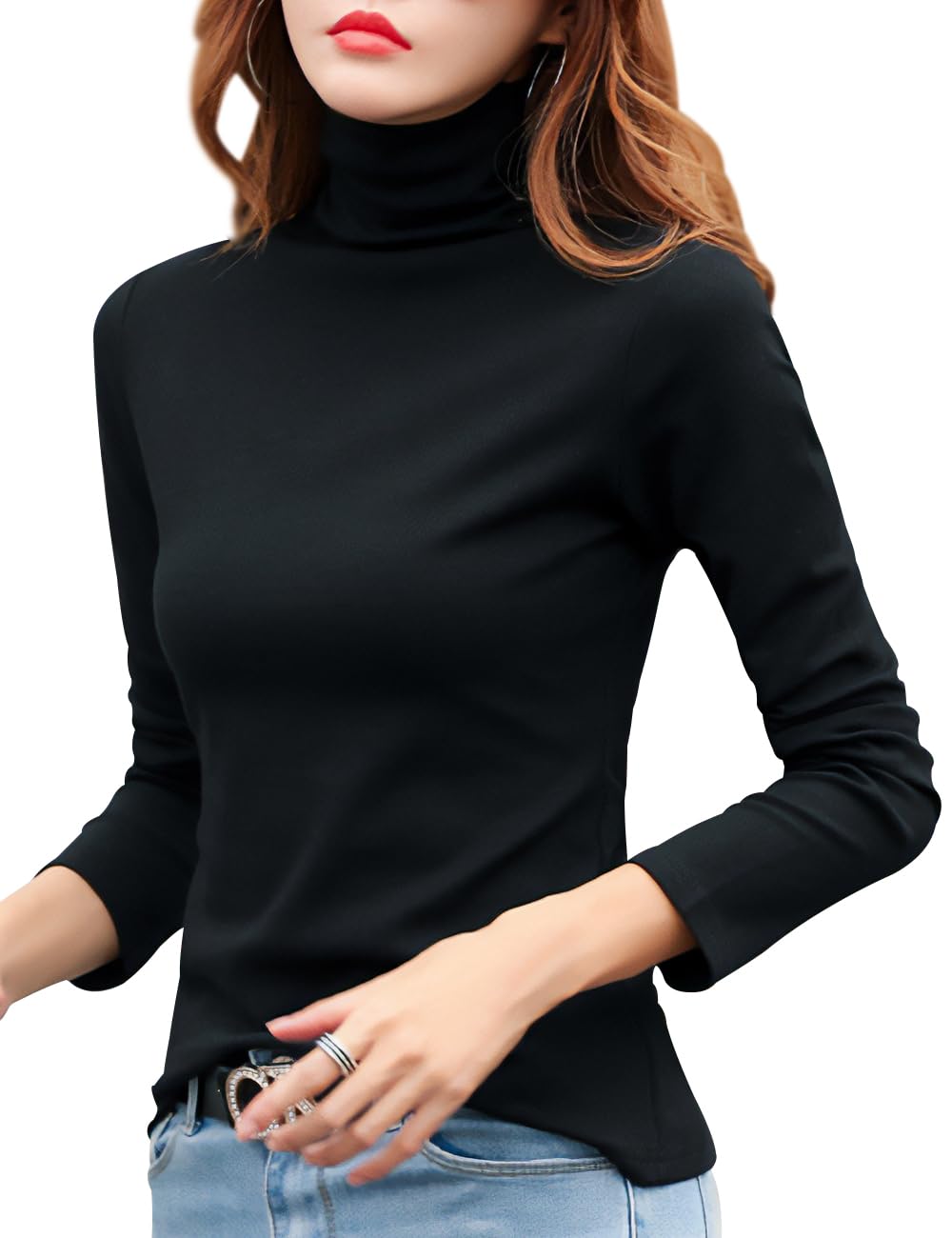 【送料無料】[Ptika] タートルネック カットソー 長袖 レディース ハイネック トップス ロング Tシャツ 色：ブラック、サイズ：L