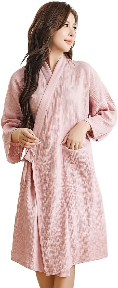 【送料無料】［Bobo&Hanhan］パジャマ ダブルガーゼ バスローブ 綿100％ メンズ レディース お風呂上がり 優しい肌触り コットン素材 男女兼用 ルームウェア ホテル 部屋着 色：新ピンク、サイズ：L