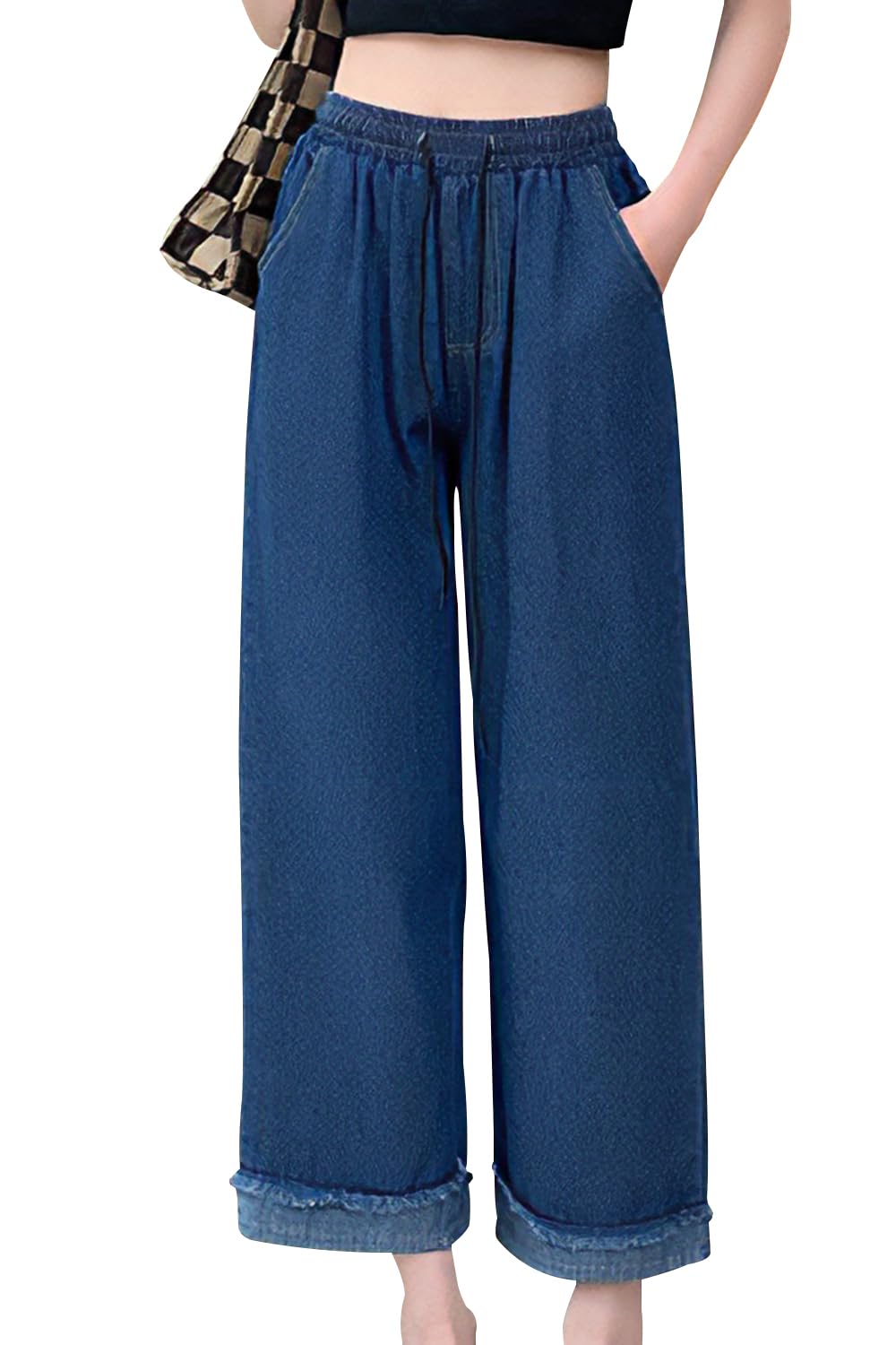 【送料無料】[Ptika] ワイド デニム パンツ レディース ウエストゴム ハイウエスト ジーンズ 春 夏 春夏 色：ブルー、サイズ：M