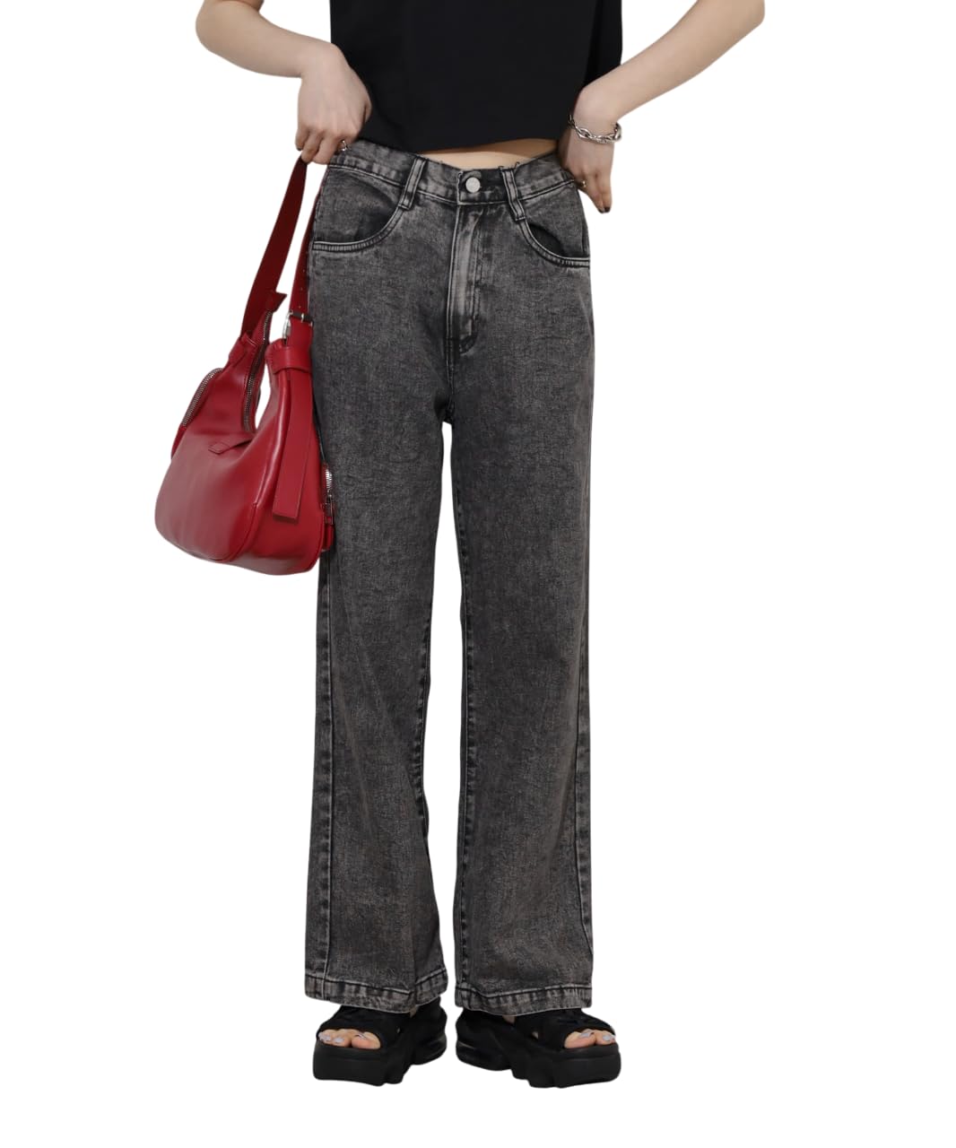 【送料無料】[atONE] ATD-0031 ワイドデニムパンツ 綿100% コットンデニム 体型カバー オールシーズン 大きいサイズ レディース 色：ウォッシュブラック、サイズ：L