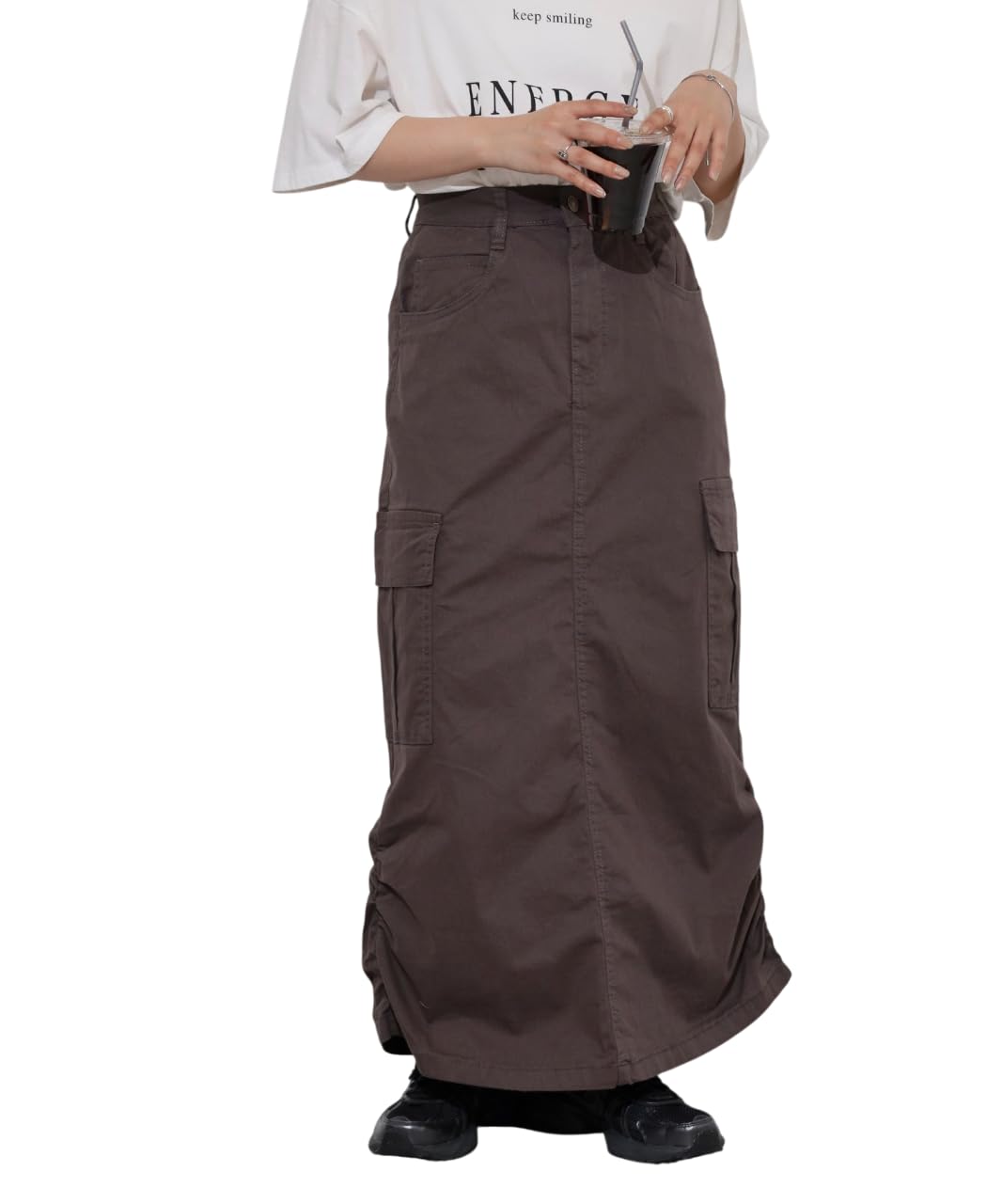 【送料無料】[atONE] ATC-0055 カーゴスカート ロングスカート ツイル ストレッチ ギャザー スリット 大きいサイズ レディース 色：チャコールグレー、サイズ：LL