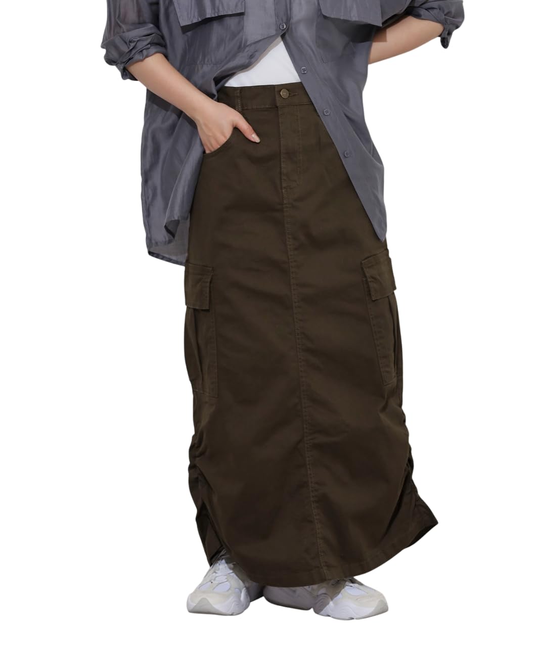 【送料無料】[atONE] ATC-0055 カーゴスカート ロングスカート ツイル ストレッチ ギャザー スリット 大きいサイズ レディース 色：カーキ、サイズ：M