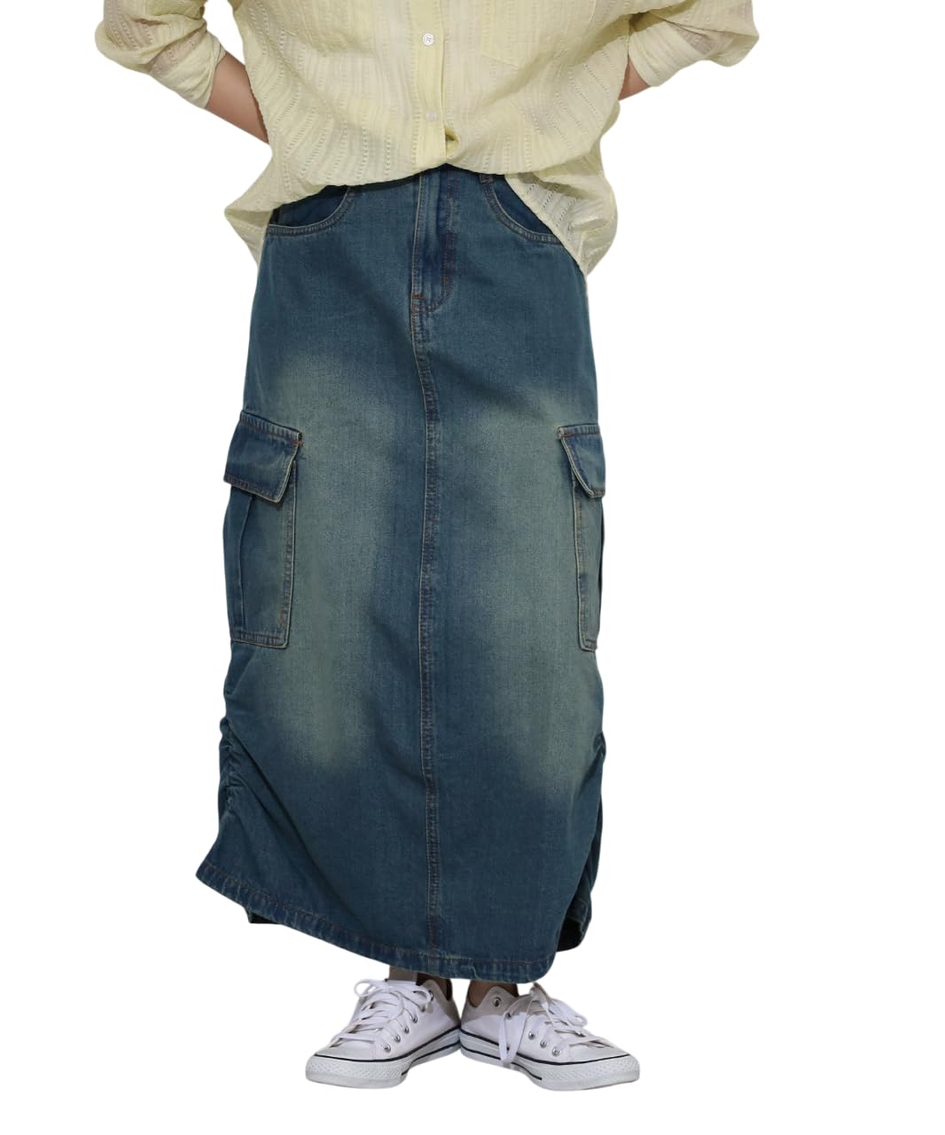 【送料無料】[atONE] ATD-0032 デニムロングスカート 綿100% ヴィンテージ ギャザー スリット カジュアル 大きいサイズ レディース 色：ユーズドブルー、サイズ：L