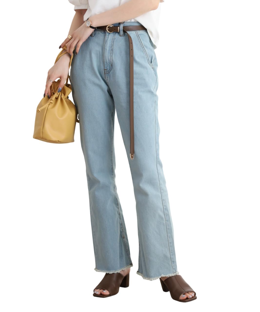 【送料無料】[atONE] ATD-0030 フレアデニムパンツ カットオフ フリンジ サイドスリット 綿100% トレンド 大きいサイズ レディース 色：ライトブルー、サイズ：M