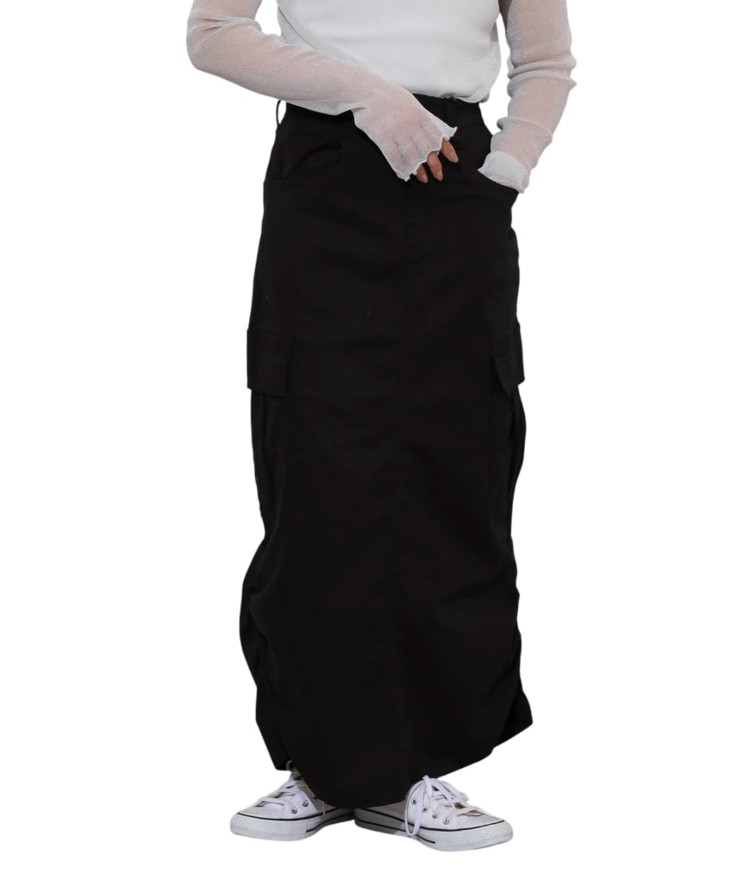 【送料無料】[atONE] ATC-0055 カーゴスカート ロングスカート ツイル ストレッチ ギャザー スリット 大きいサイズ レディース 色：ブラック、サイズ：L