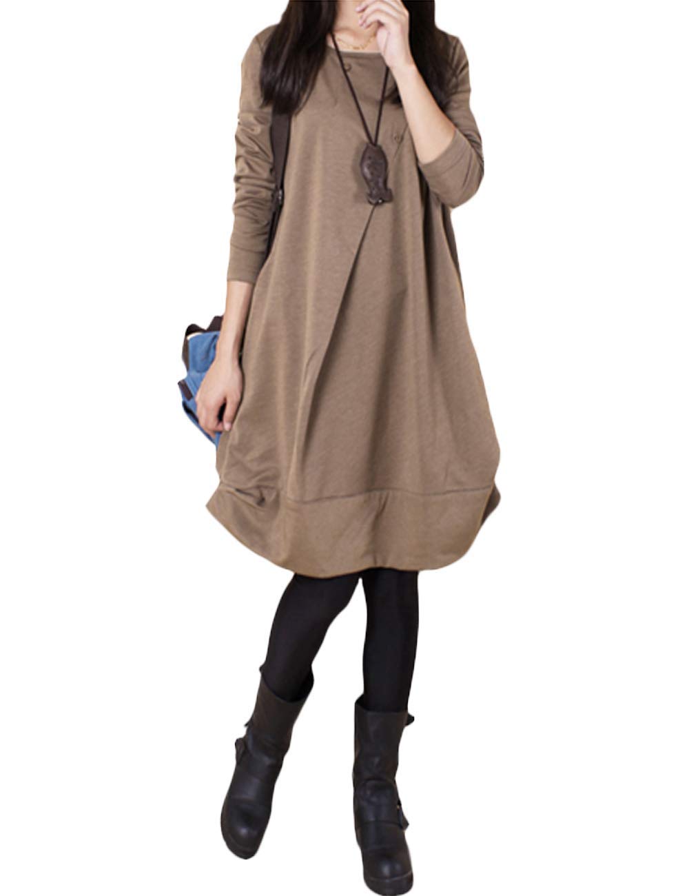 【送料無料】[INNIFER]レディース ワンピース シャツワンピース コットン 膝丈 無地 長袖 秋冬 体型カバー シンプル ゆったり Aライン 森ガール チュニック 可愛い 入園式 結婚式 お出かけ 色：コーヒー、サイズ：M