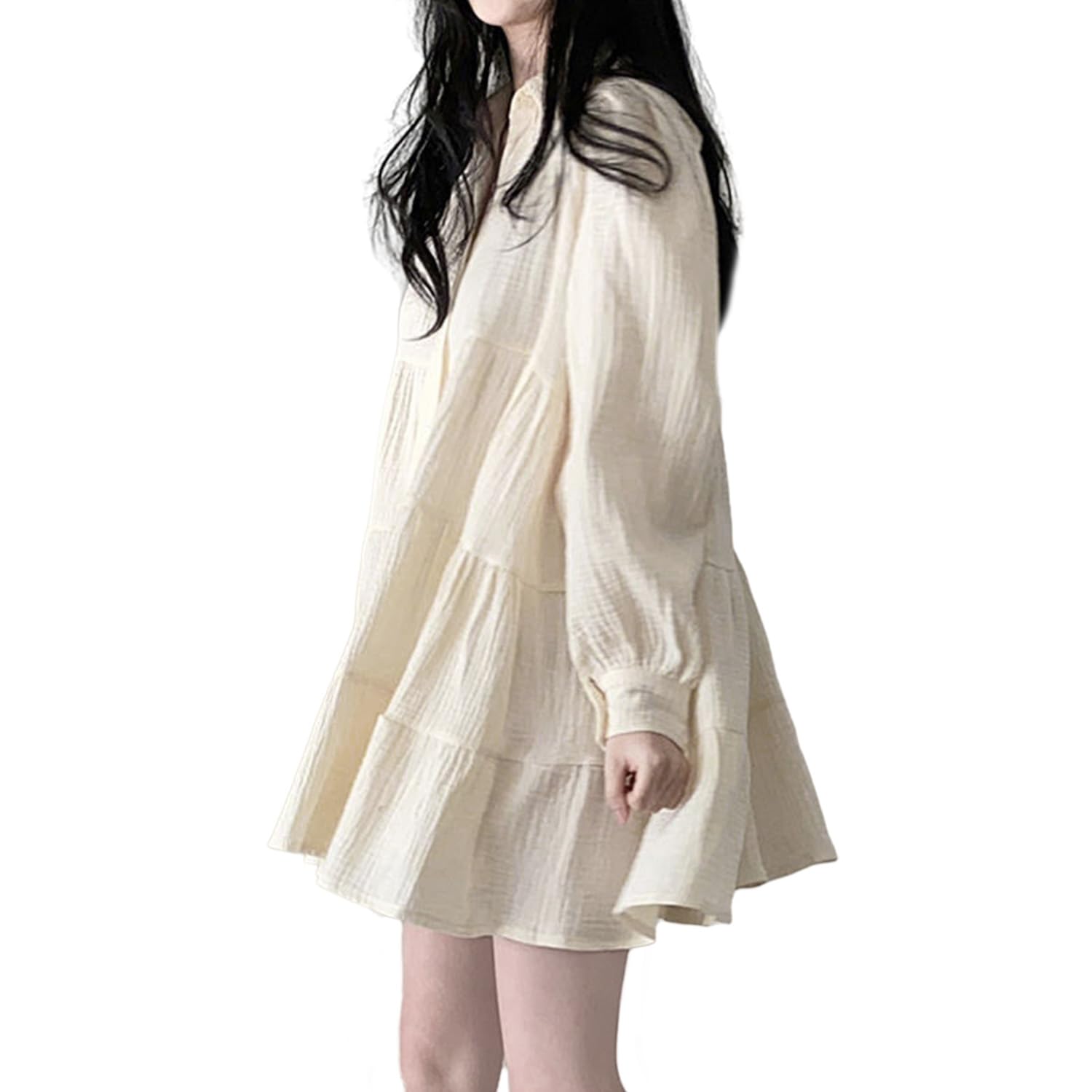 【送料無料】[AUSKY] レーディス ワンピース ミニ丈 長袖 パフ袖 襟付き ゆったり かわいい 薄手 ボタ..