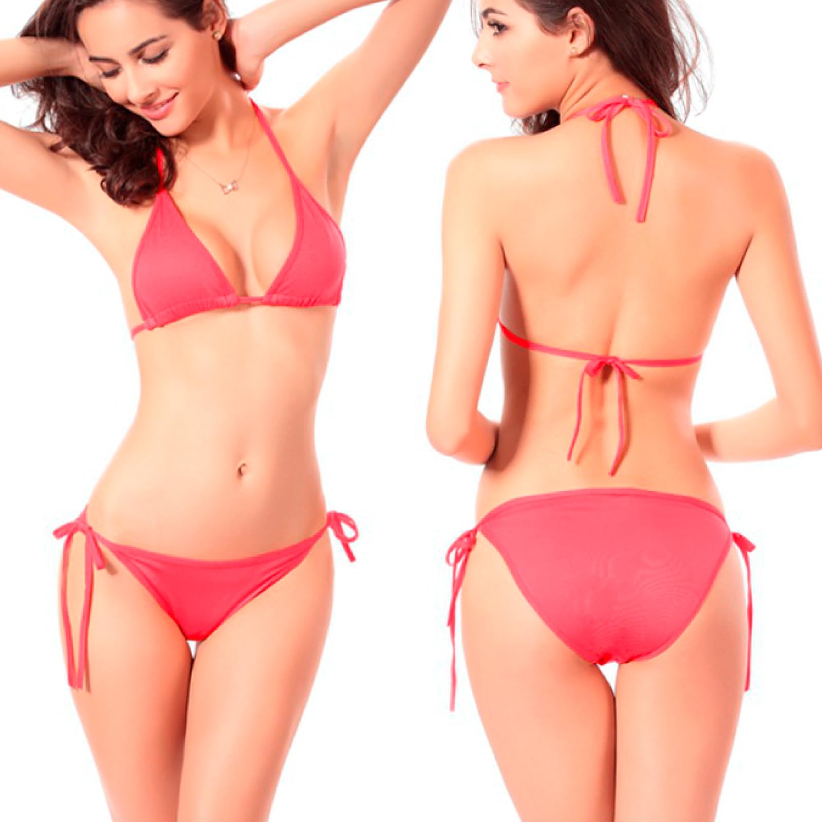 【送料無料】[RONGUI] レディース ビキニ 水着 2点セット S-XL 大きいサイズ 三角ビキニ 紐 パッド 体型カバー 盛れる 色：ピーチ(Peach)、サイズ：M