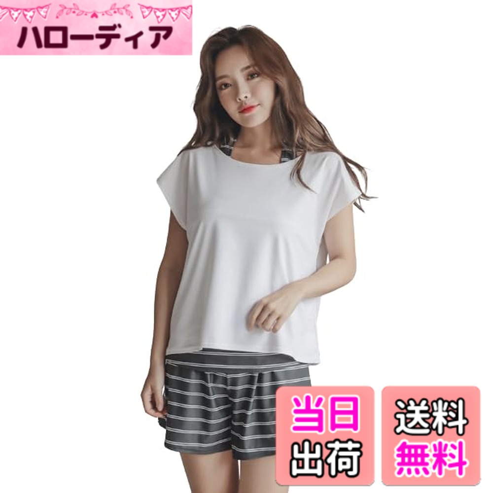 【送料無料】[growncharm] 水着 レディース 体型カバー タンキニ Tシャツ ショートパンツ【UPF50+ UVカット加工】【4点セット】[SW18B2-03] 色：ダブルボーダーブラック、サイズ：S