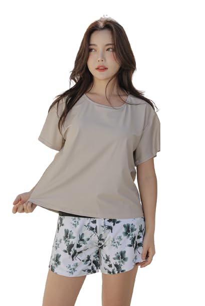 【送料無料】[growncharm] 水着 レディース 体型カバー タンキニ Tシャツ パッド付き 一体型 水着 【UPF50+ UVカット加工】【2点セット】[SLV31201] 色：F、サイズ：L