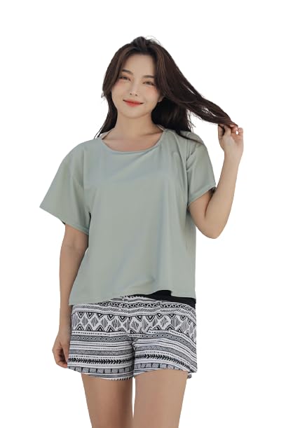 【送料無料】[growncharm] 水着 レディース 体型カバー タンキニ Tシャツ パッド付き 一体型 水着 【UPF50+ UVカット加工】【2点セット】[SLV31201] 色：H、サイズ：L