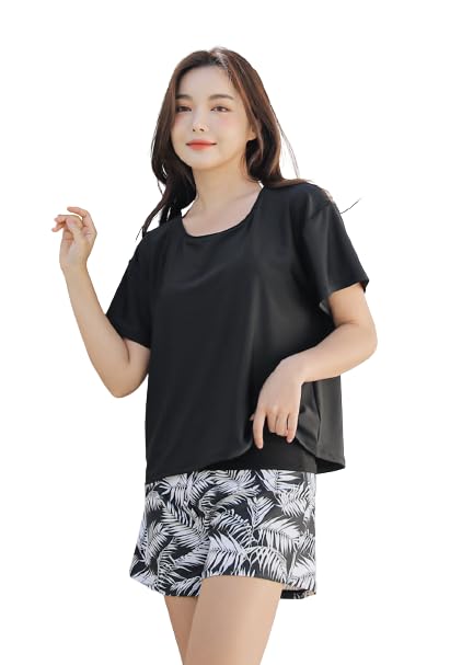 【送料無料】[growncharm] 水着 レディース 体型カバー タンキニ Tシャツ パッド付き 一体型 水着 【UPF50+ UVカット加工】【2点セット】[SLV31201] 色：D、サイズ：LL