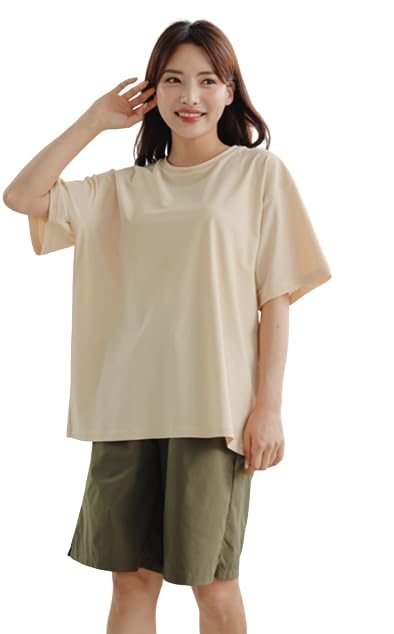 【送料無料】[growncharm] 水着 レディース 体型カバー タンキニ セパレート Tシャツ タンクトップ ショートパンツ ショーツ【UPF50+ UVカット加工】【4点セット】[SWSB01] 色：ベージュ、サイズ：LL