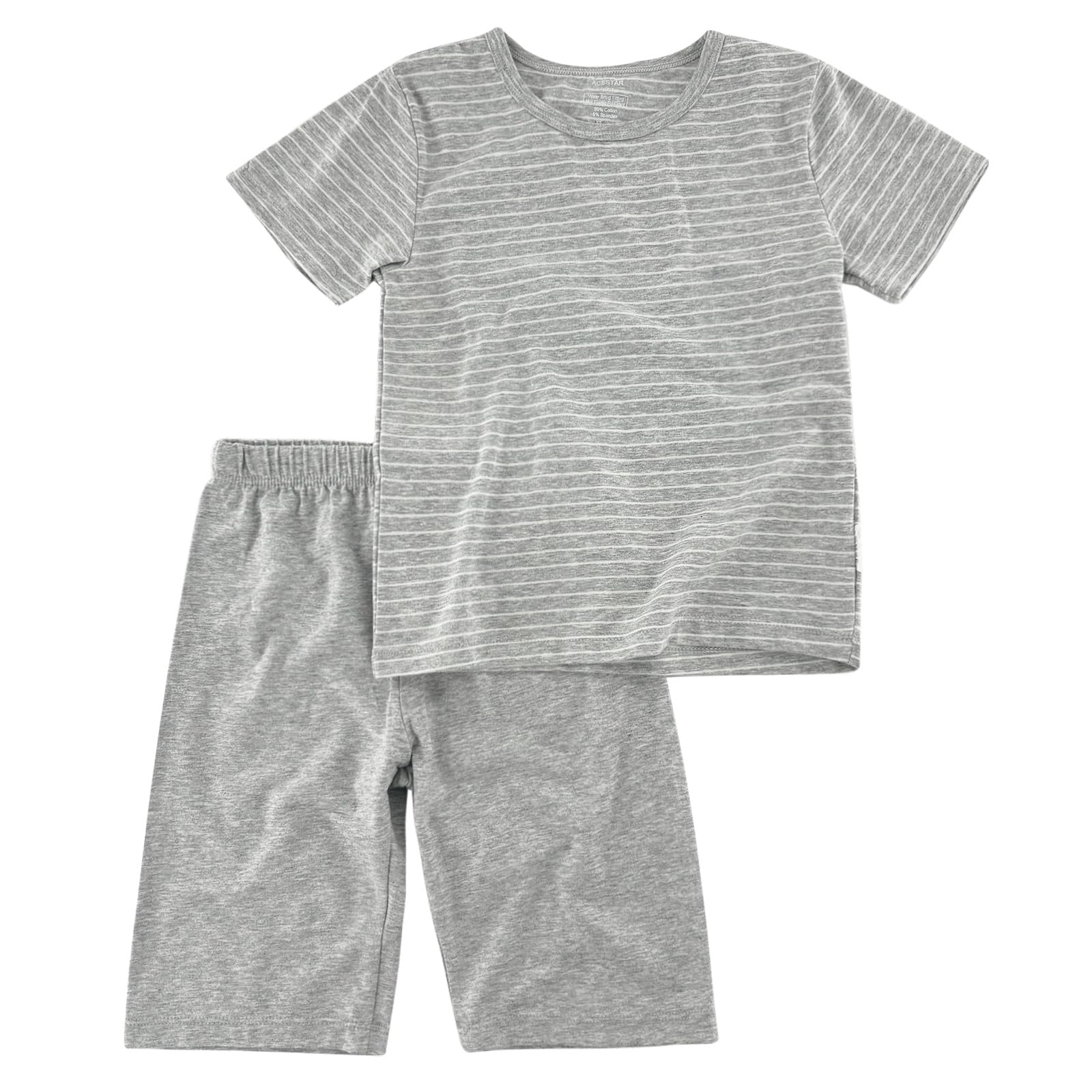 【送料無料】[HahaNice] 子供服 キッズ パジャマ 男の子 女の子 綿 ルームウェア 部屋着 上下セットアップ 半袖Tシャツ+半ズボン/ハーフパンツ2点 ジュニア 寝巻き 普段着 夏服 ボーダー 120 130 140 150 160 色：グレー、サイズ：160