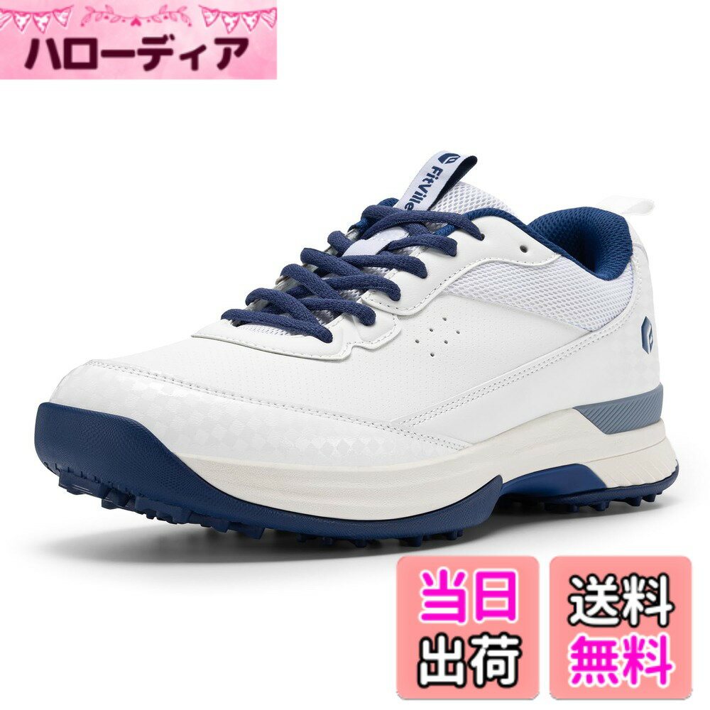 【送料無料】[FitVille] 幅広 ゴルフシューズ メンズ 2E 4E プロゴルフ靴 ソフトスパイク付き 軽量 防水 防滑 色：ディープブルー、サイズ：28.0 cm 2E