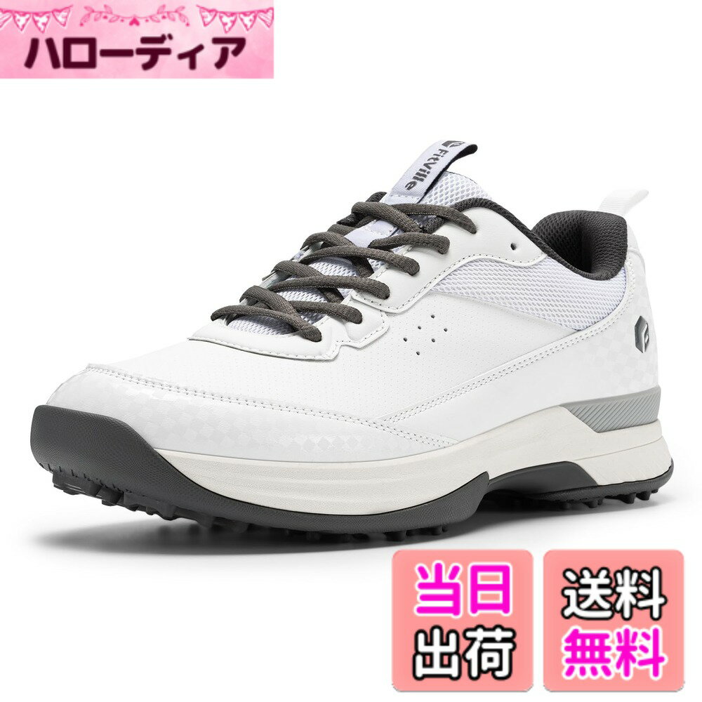 【送料無料】[FitVille] 幅広 ゴルフシューズ メンズ 2E 4E プロゴルフ靴 ソフトスパイク付き 軽量 防水 防滑 色：ディープグレー、サイズ：30.5 cm 4E