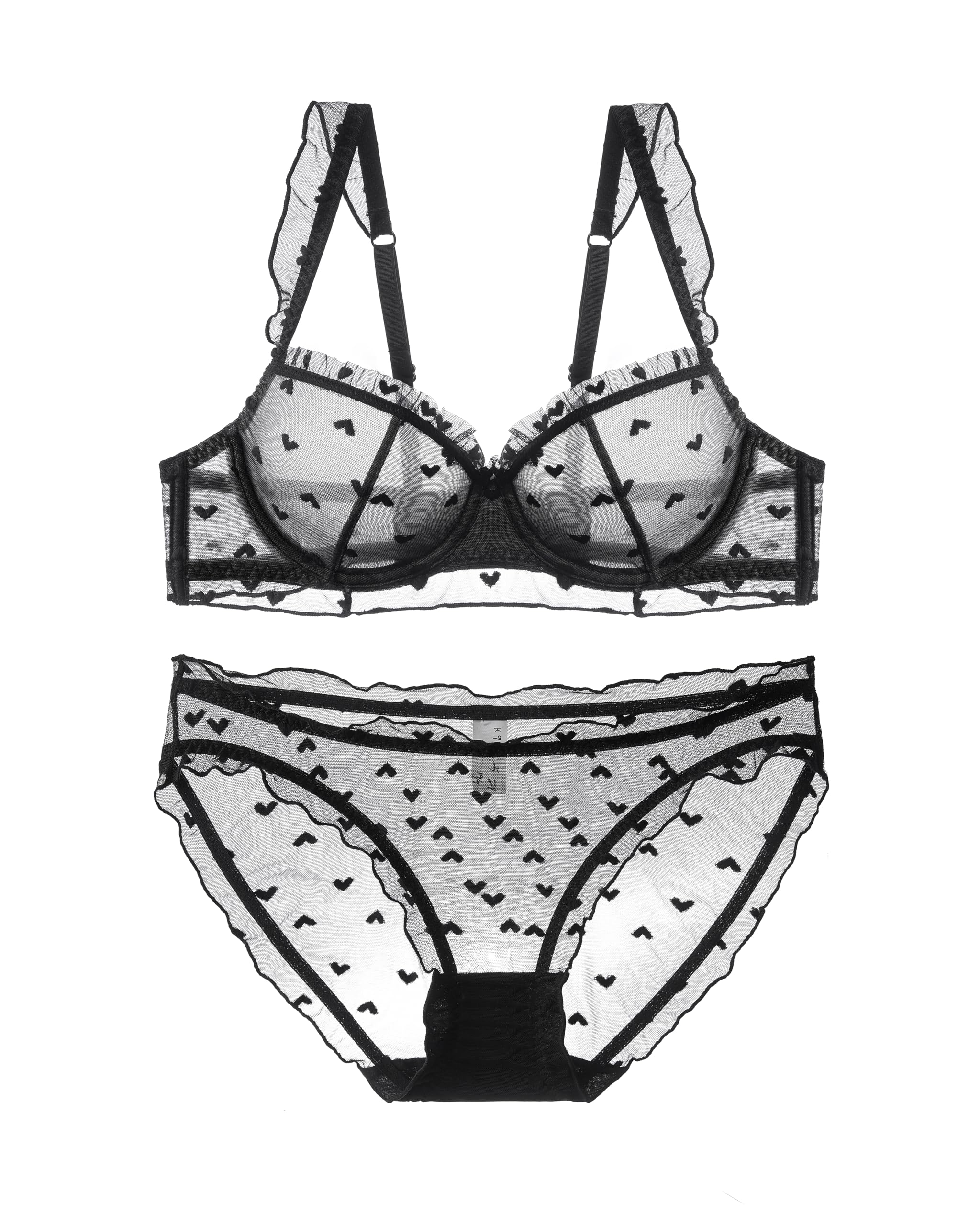【送料無料】[Guoeappa] レースハート刺繍ソフトワイヤー ランジェリー下着セット 可愛いブラジャーパンティセット 色：ブラック、サイズ：A75