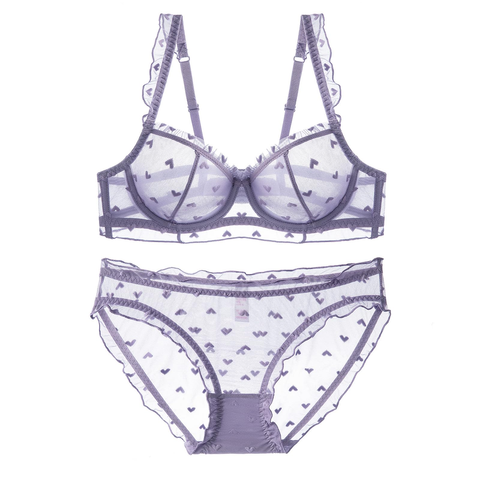 【送料無料】[Guoeappa] レースハート刺繍ソフトワイヤー ランジェリー下着セット 可愛いブラジャーパンティセット 色：パープル、サイズ：B80