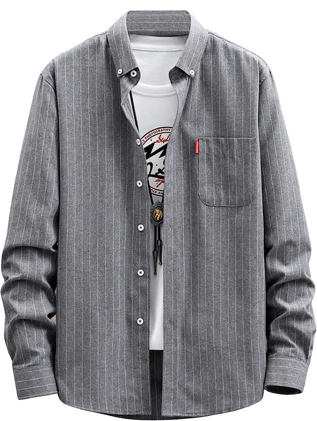 【送料無料】[EASTEMPO] シャツ メンズ 長袖 秋 おしゃれ ビジネス カジュアル ストライプ柄 おおきいサイズ 色：グレー、サイズ：3XL