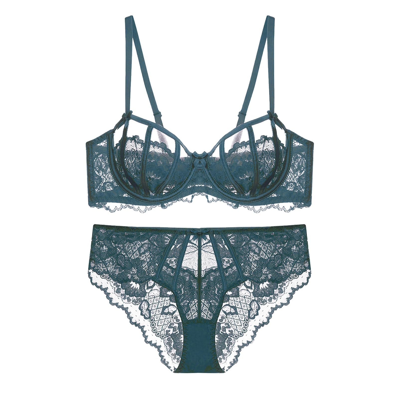 【送料無料】[Guoeappa] レディース レース 半カップ ブラ ショーツ セット セクシーランジェリー 上下 女性 シースルー 下着 セット 色：グリーン、サイズ：D75