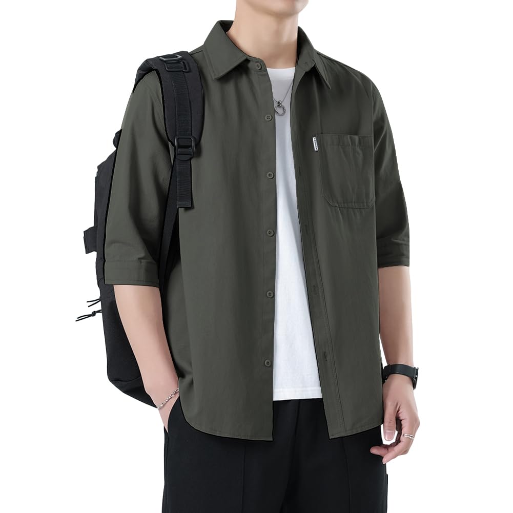 【送料無料】[FUZHIHUA] メンズ シャツ 夏服 半袖 メンズ 五分袖 人気 ワイシャツ 大きい サイズ 無地 軽い 柔らかい かっこいい カジュアル 春夏 色：06#:アーミーグリーン、サイズ：3XL