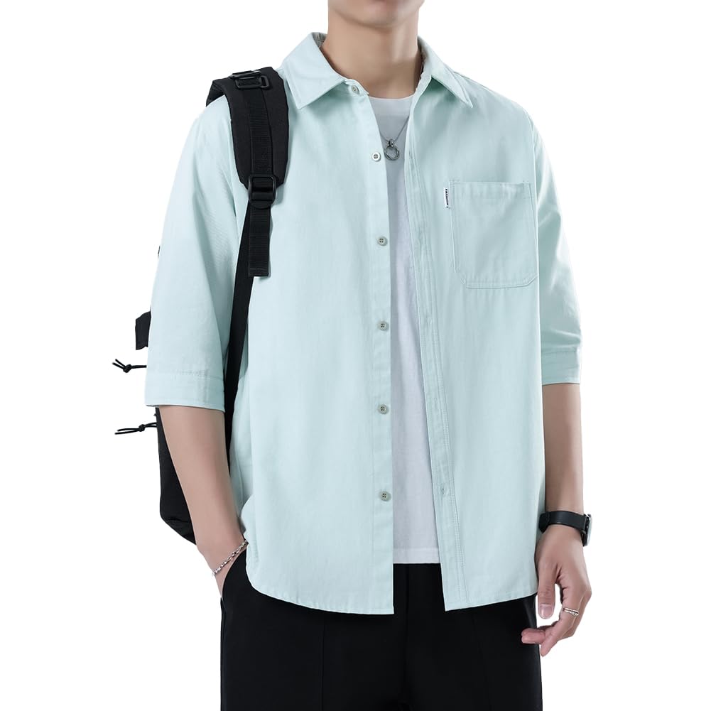 【送料無料】[FUZHIHUA] メンズ シャツ 夏服 半袖 メンズ 五分袖 人気 ワイシャツ 大きい サイズ 無地 軽い 柔らかい かっこいい カジュアル 春夏 色：08#:浅グリーン、サイズ：M