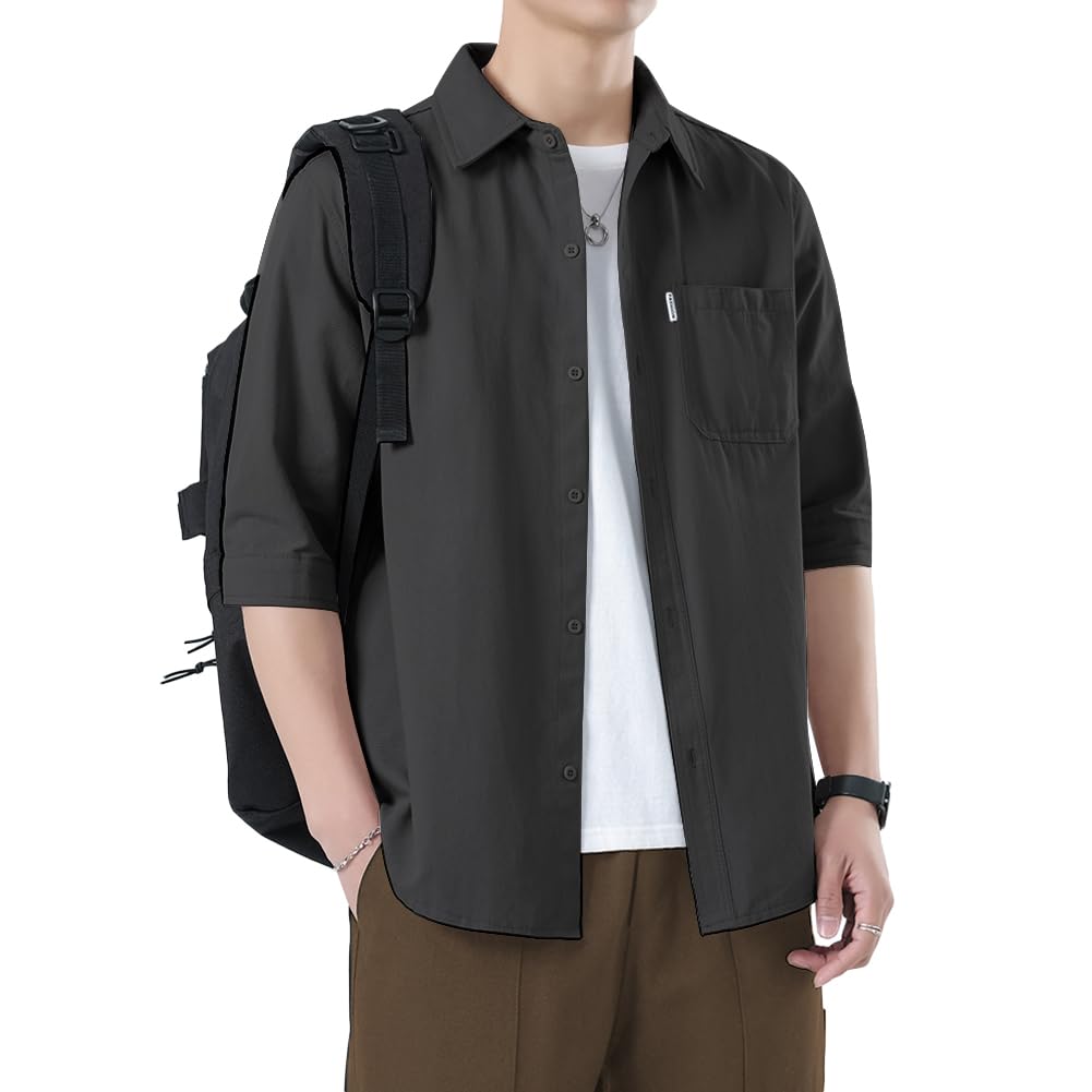 【送料無料】[FUZHIHUA] メンズ シャツ 夏服 半袖 メンズ 五分袖 人気 ワイシャツ 大きい サイズ 無地 軽い 柔らかい かっこいい カジュアル 春夏 色：01#:ブラック、サイズ：2XL