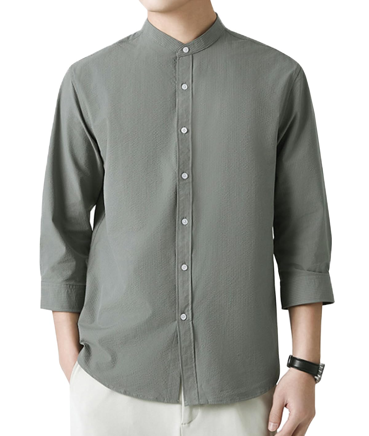 【送料無料】[EASTEMPO] メンズ シャツ 半袖 夏 七分袖 カジュアル ビジネス おしゃれ ゆったり 薄手 無地 大きいサイズ 色：グリーン、サイズ：3XL