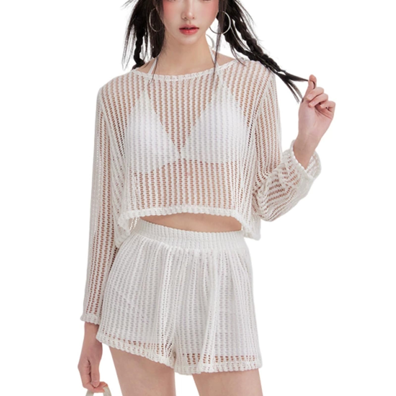 【送料無料】[Grcemlvfe] 水着 レディース 3点セット 可愛い レースカバー スカート 体型カバー ラッシュガード ショートパンツ ビスチェ風 ビキニ 透け感 ビーチウェア 肌守り 黒 白 2way 女性 温泉 ビーチ 海 おしゃれ 色：ホワイト、サイズ：M