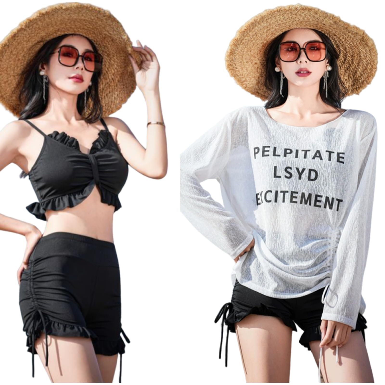 【送料無料】[Grcemlvfe] 3点セット 水着 体型カバー レディース タンキニ スポーツブラ メッシュ 長袖 水着 女の子 おしゃれ 高校生 セパレート お腹が隠れる 可愛い 上下セット セパレート 色：ホワイト、サイズ：L