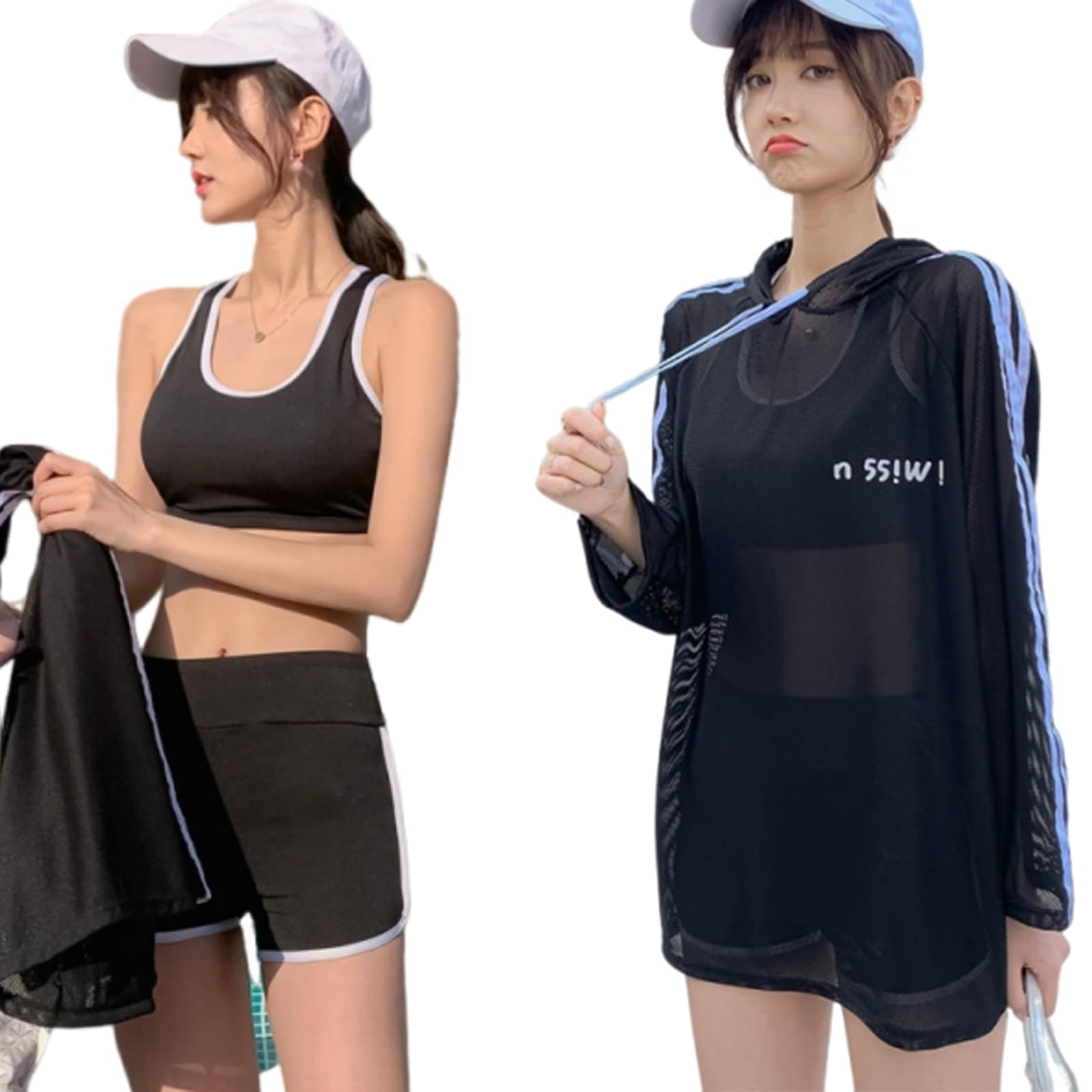 【送料無料】[Grcemlvfe] 水着 レディース ラッシュガード ビキニ 3点セット スポーツブラ 体型カバー タンキニ 高校生 水着 Tシャツ スポーツブラ セパレート ショートパンツ おしゃれ プール 水泳 海 可愛い着痩せ 色：ブラック、サイズ：L