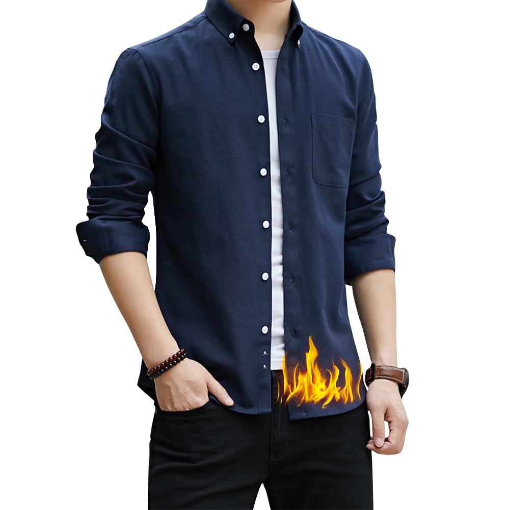 【送料無料】[FUZHIHUA] シャツ メンズ 長袖 オックスフォード スリムフィット ボタンダウン 形態安定 透湿素材 耐久性 綿 無地 大きいサイズ おしゃれ カジュアル 春秋冬服 色：#08:ネイビー(裏起毛)、サイズ：L