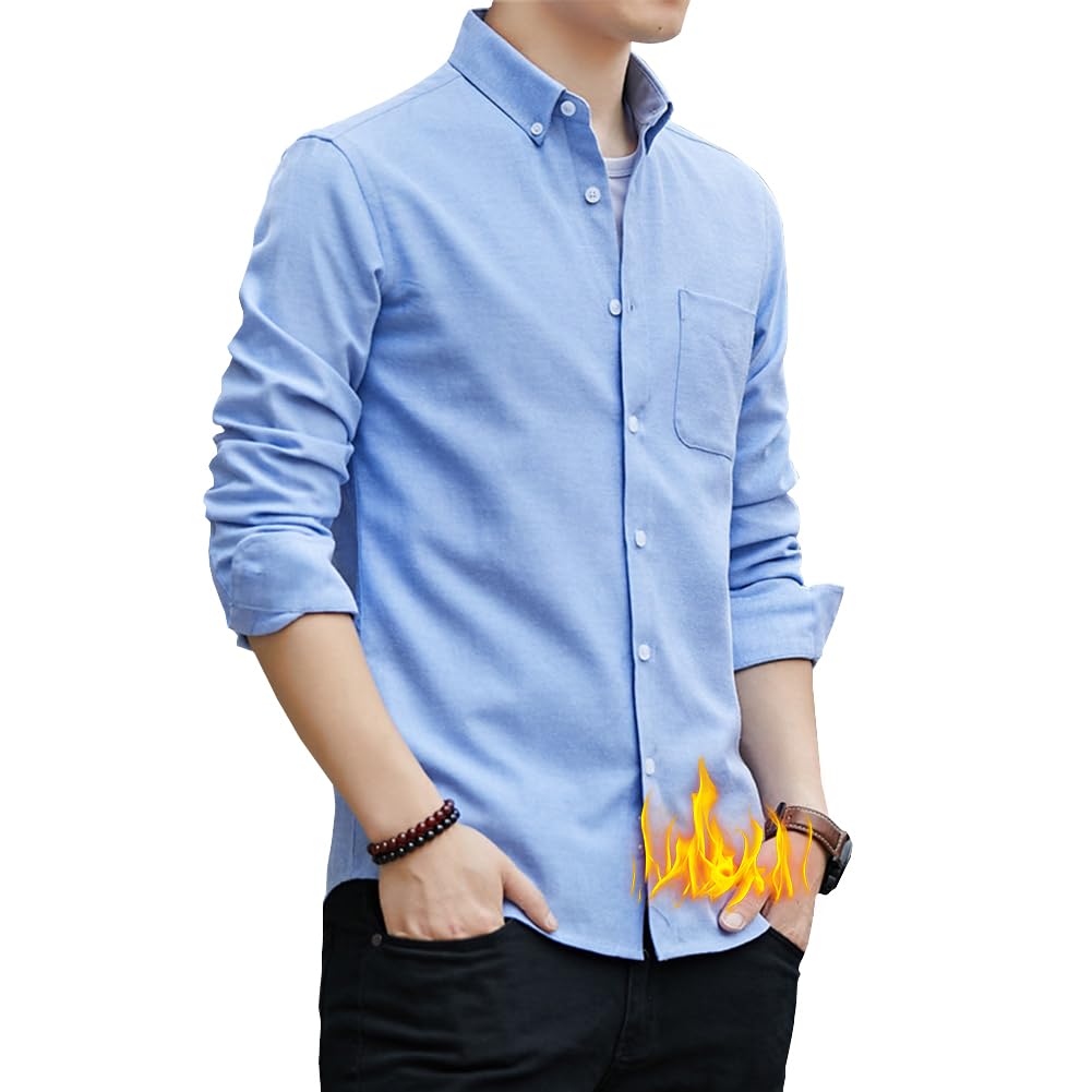 【送料無料】[FUZHIHUA] シャツ メンズ 長袖 オックスフォード スリムフィット ボタンダウン 形態安定 透湿素材 耐久性 綿 無地 大きいサイズ おしゃれ カジュアル 春秋冬服 色：#07:ライトブルー(裏起毛)、サイズ：3XL