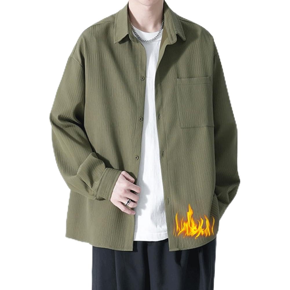 【送料無料】[FUZHIHUA] シャツ メンズ 長袖 春秋服 ワイシャツ ビジネス カジュアル yシャツ ゆったり 大きい サイズ おしゃれ 服 軽い 柔らかい かっこいい トップス 形態安定 無地 シンプル オシャレ 色：#12:ライトグリーン(裏起毛)、サイズ：L