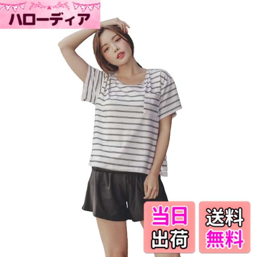 【送料無料】[growncharm] 水着 レディース 体型カバー タンキニ Tシャツ パット付き 一体型 パット付き【UPF50+ UVカット加工】【2点セット】[SW18B2-02] 色：ダブルボーダーホワイト+ブラック、サイズ：3L