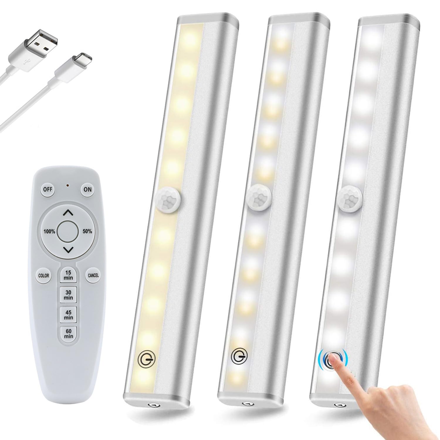 【送料無料】LEDライト スリムタイプ リモコン付き&タッチセンサー 調光調色 15分/30分/45分/60分タイマー USB充電式 メモリ LED照明 キッチン/クロゼット/玄関/廊下 など 磁石付き 簡単取付 工事不要 省エネ 3個セット