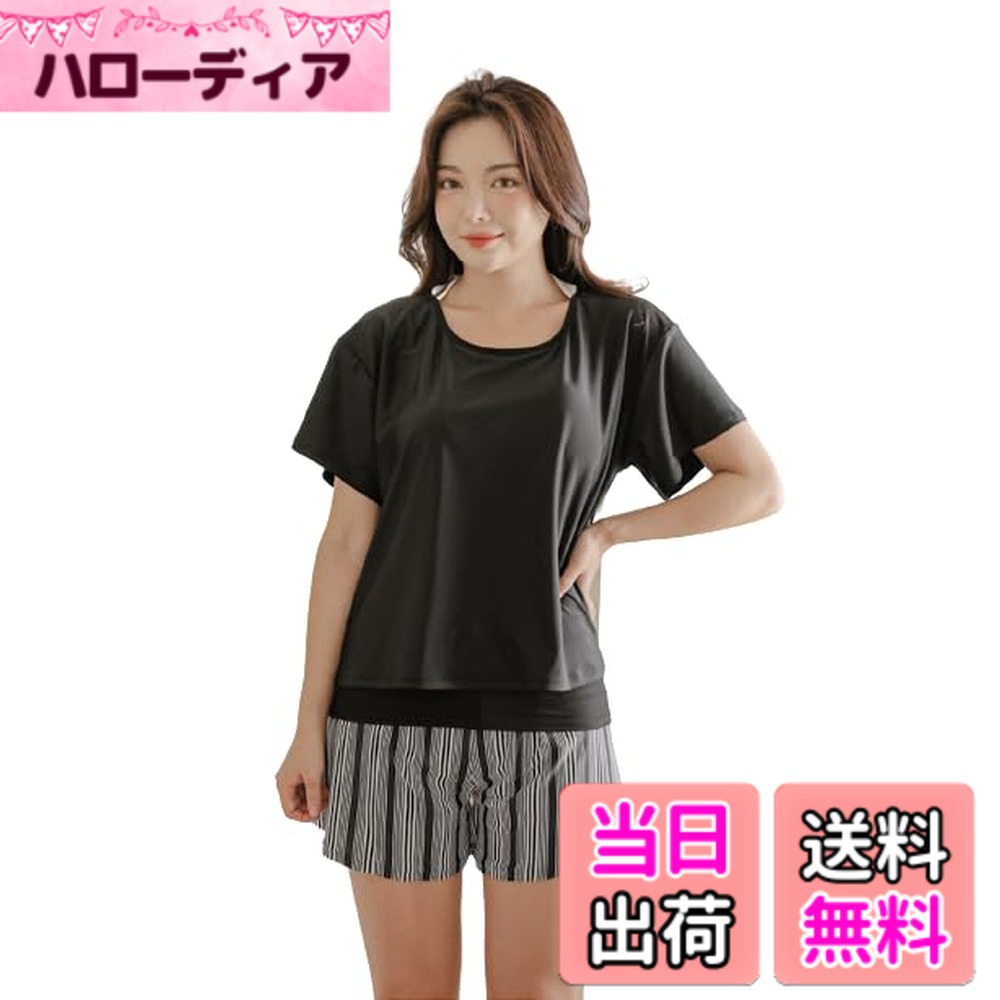 【送料無料】[growncharm] 水着 レディース 体型カバー タンキニ Tシャツ パッド付き 一体型 水着 【UPF50+ UVカット加工】【2点セット】[SLV31201] 色：C、サイズ：M