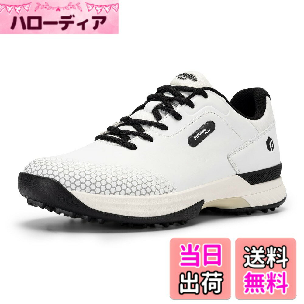 【送料無料】[FitVille] 幅広 ゴルフシューズ メンズ 2E 4E ゴルフ用 スニーカー スパイク 軽量 色：ブラック、サイズ：29.0 cm 4E