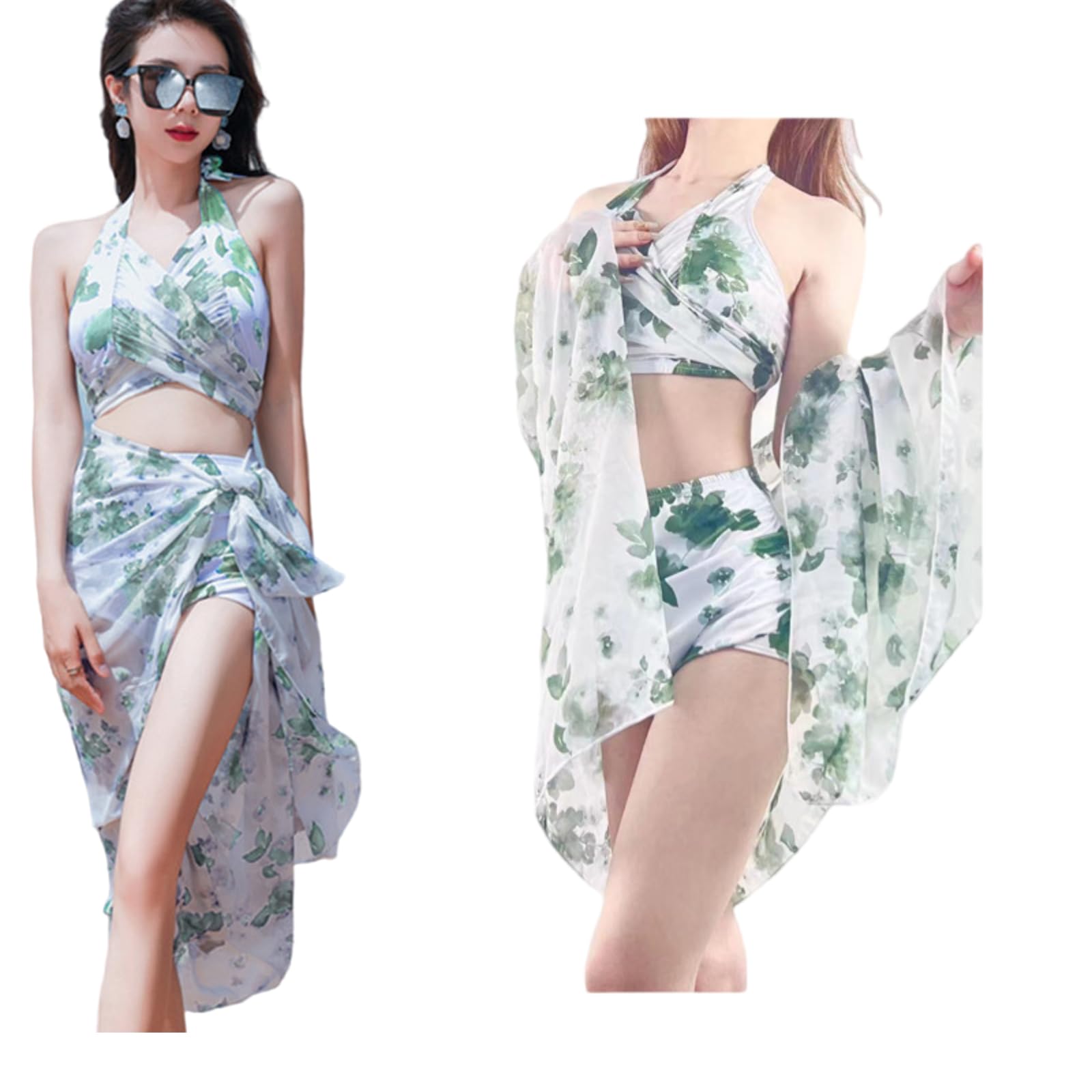 【送料無料】[Grcemlvfe] 水着 レディース ワンピース 体型カバー 3点セット い セクシー 大きいサイズ ショートパンツ ワンショルダー フリル ハイウエスト ビーチウェア 肌守り おしゃれ スイムウェア 無地 大人可愛い きれいめ 温泉水着 色：グリーン、サイズ：L