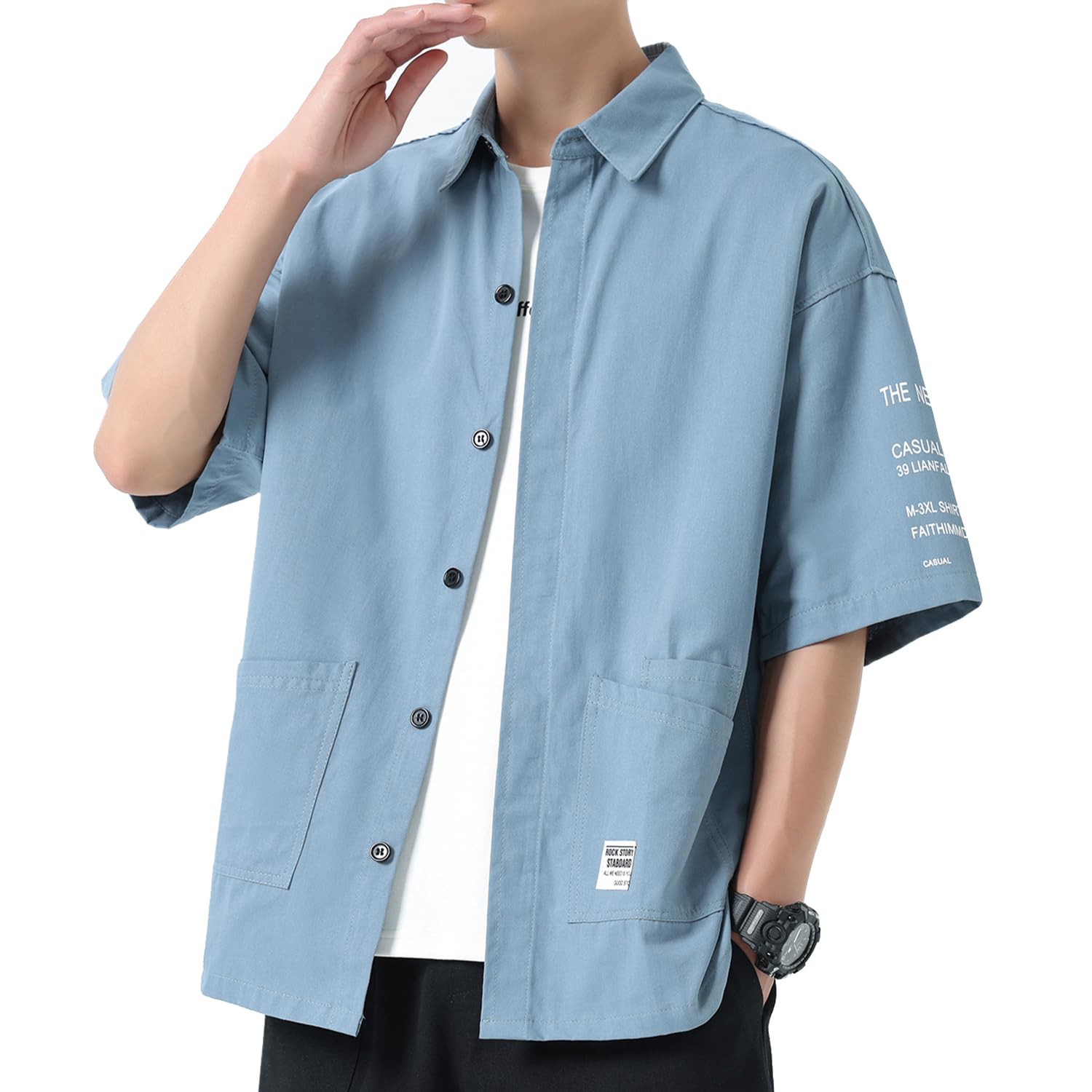 【送料無料】[FUZHIHUA] 夏服 シャツ メンズ 半袖 五分袖 吸汗速乾 通気性 汗染み防止 快適な 柔らかい かっこいい ワイシャツ カジュアル シンプル オシャレ 人気 春夏秋 対応 色：#008：ライトブルー、サイズ：3XL