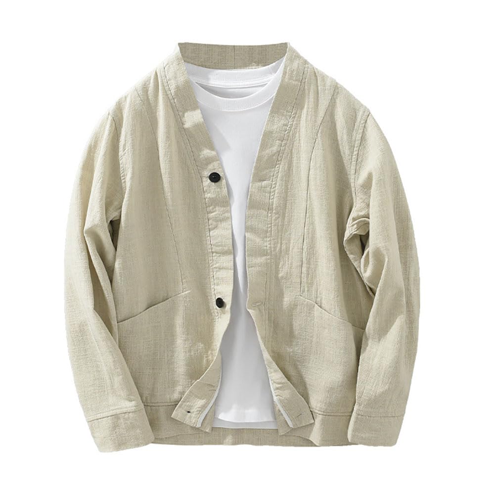 【送料無料】[Froyland] カーディガン メンズ 夏 秋 サマーカーディガン 薄手 リネン 麻 長袖 夏服 秋服 ジャケット 綿麻 カジュアル ビジネス 大きいサイズ 無地 オシャレ ゆったり 色：ベージュ、サイズ：M