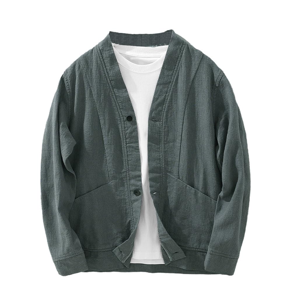 【送料無料】[Froyland] カーディガン メンズ 夏 秋 サマーカーディガン 薄手 リネン 麻 長袖 夏服 秋服 ジャケット 綿麻 カジュアル ビジネス 大きいサイズ 無地 オシャレ ゆったり 色：ダークグレー、サイズ：M
