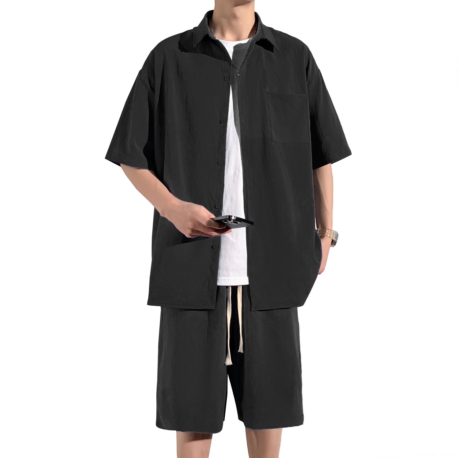 【送料無料】[FUZHIHUA] 夏服 メンズ 涼しい 部屋着 シャツ 半袖 上下セット トップス ハーフパンツ ショート パンツ カジュアル 大きいサイズ 無地 速乾性 柔らかい 軽い メンズ tシャツ 色：#01：ブラック（トップス+ハーフパンツ）、サイズ：L