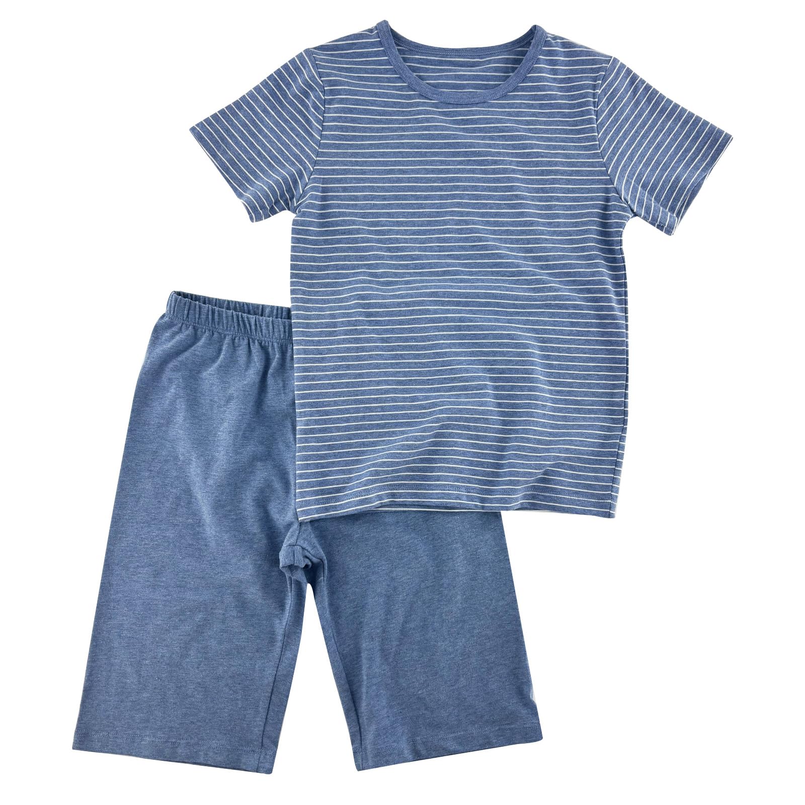 【送料無料】[HahaNice] 子供服 キッズ パジャマ 男の子 女の子 綿 ルームウェア 部屋着 上下セットアップ 半袖Tシャツ+半ズボン/ハーフパンツ2点 ジュニア 寝巻き 普段着 夏服 ボーダー 120 130 140 150 160 色：ネイビー、サイズ：120